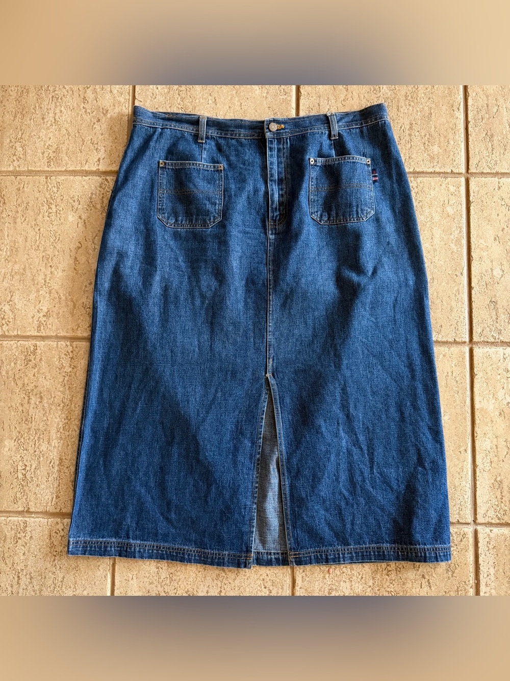 Vtg 90s Bill Blass Denim Maxi Skirt Womens 22W Jean Front Slit Patch Pocket Blue